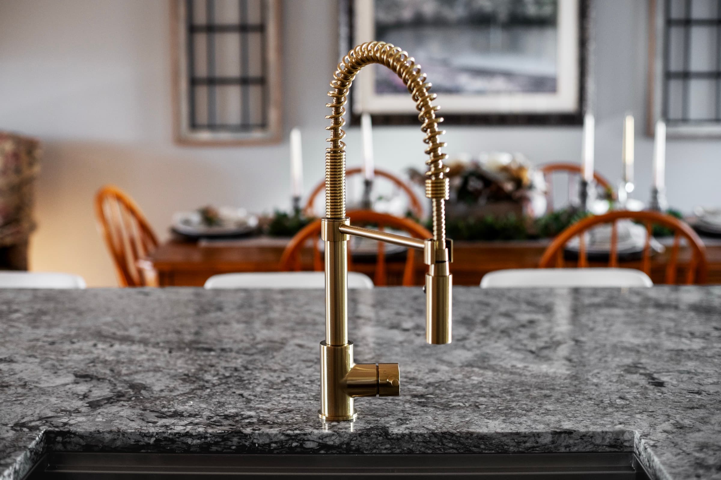 Galts Ferry kitchen remodel — gold pre-rinse faucet detail