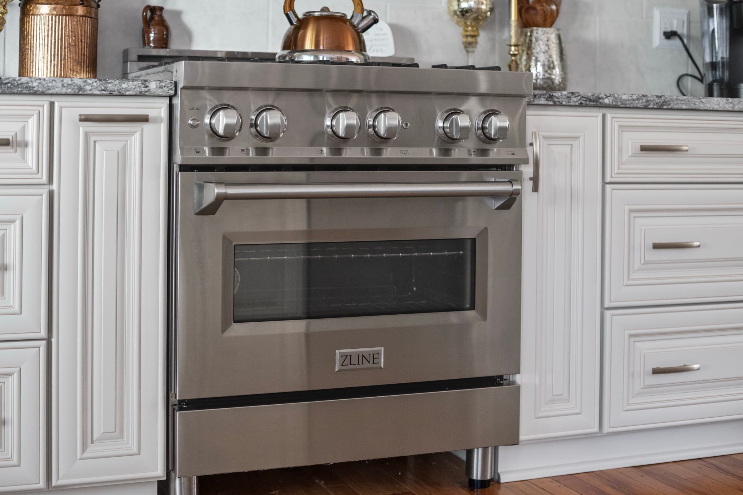 Galts Ferry kitchen remodel — range and copper kettle detail
