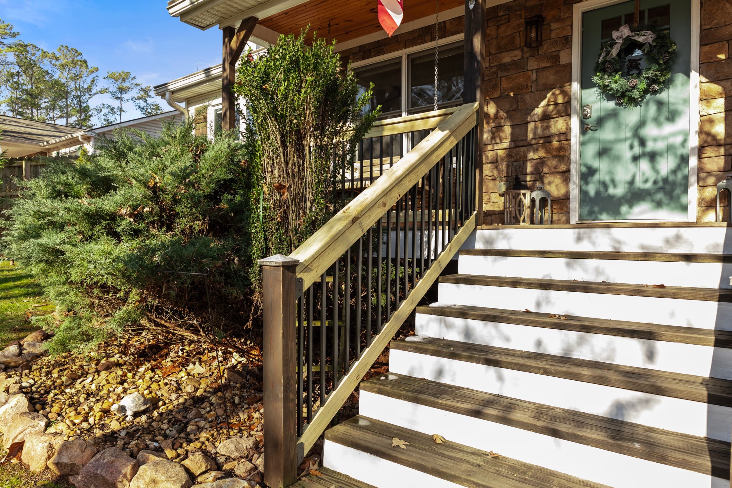 Galts Ferry porch — entry steps and stone veneer detail
