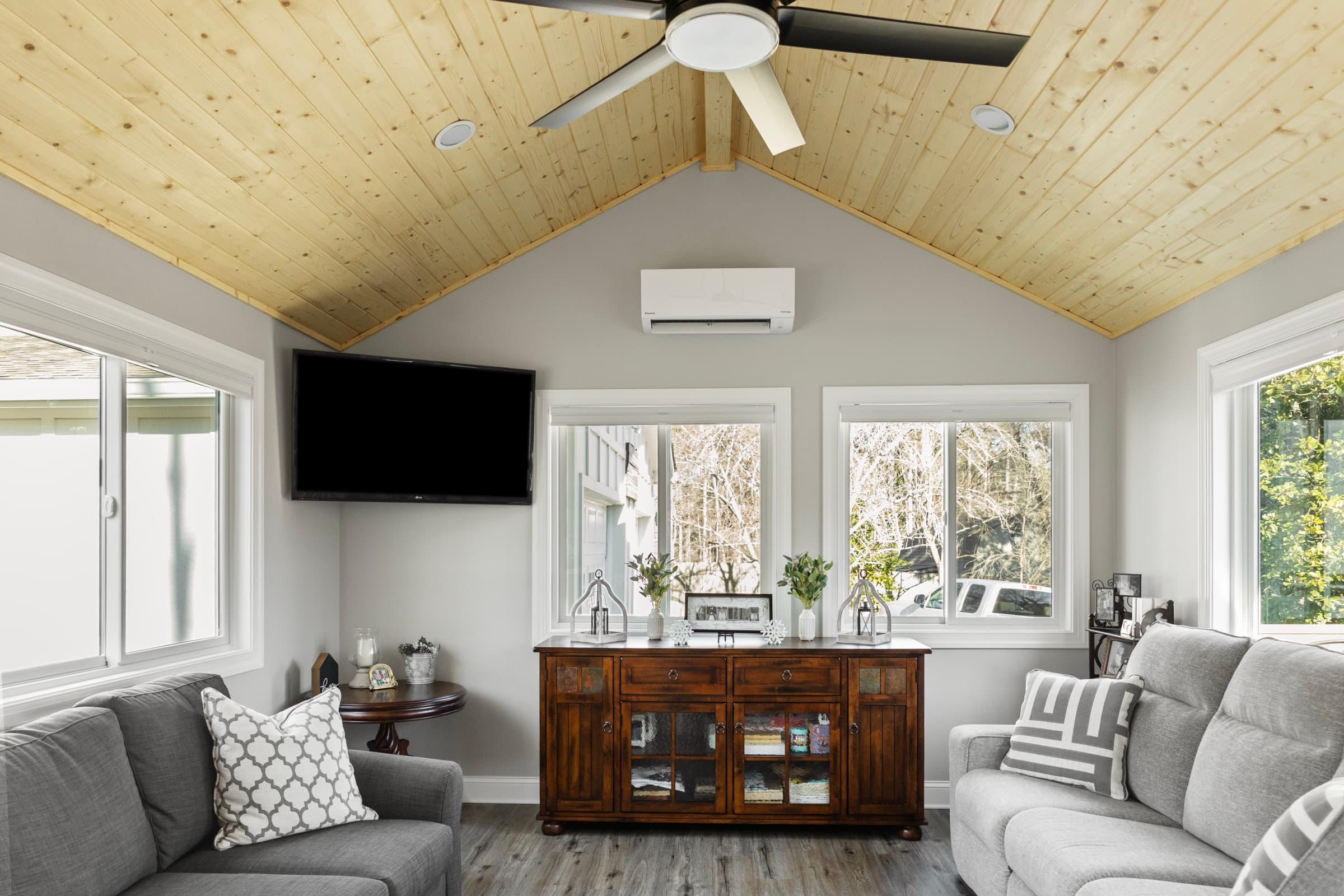 Galts Ferry sunroom addition — vaulted ceiling fan and mini-split detail
