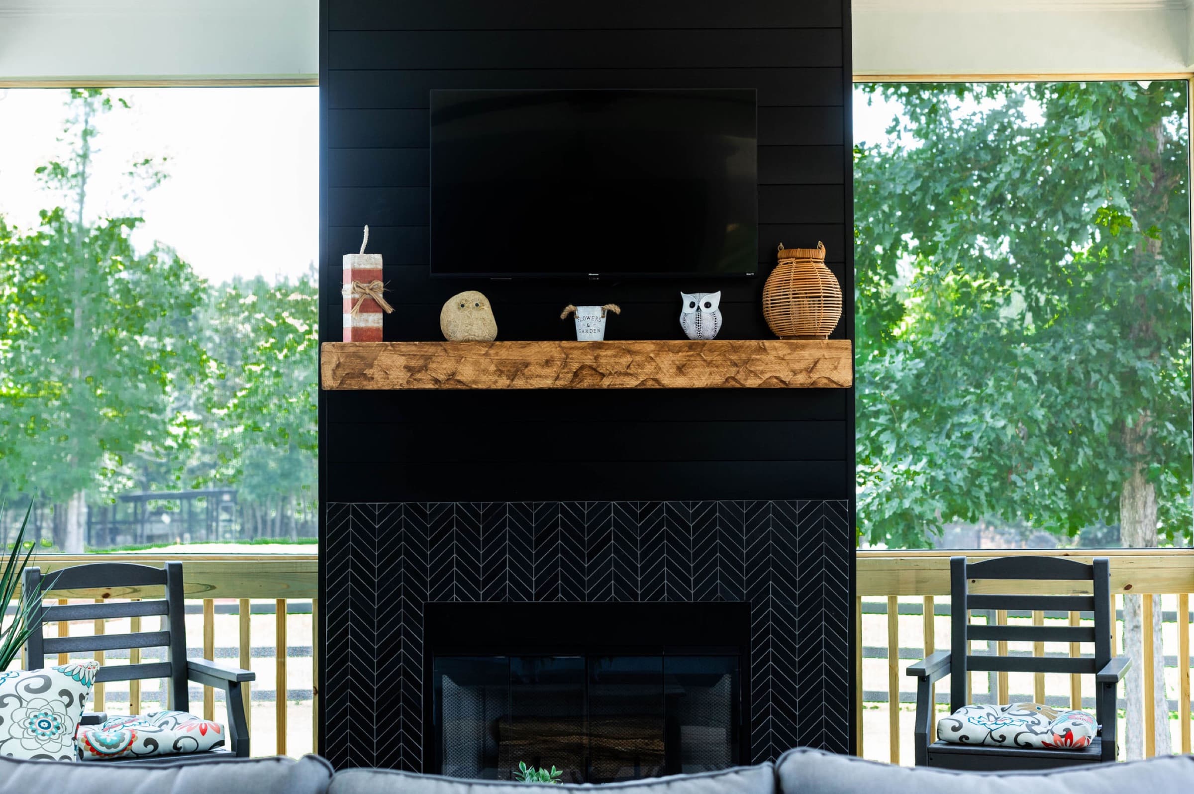 Mt. Carmel Church Ln screened porch — carved wood mantel detail