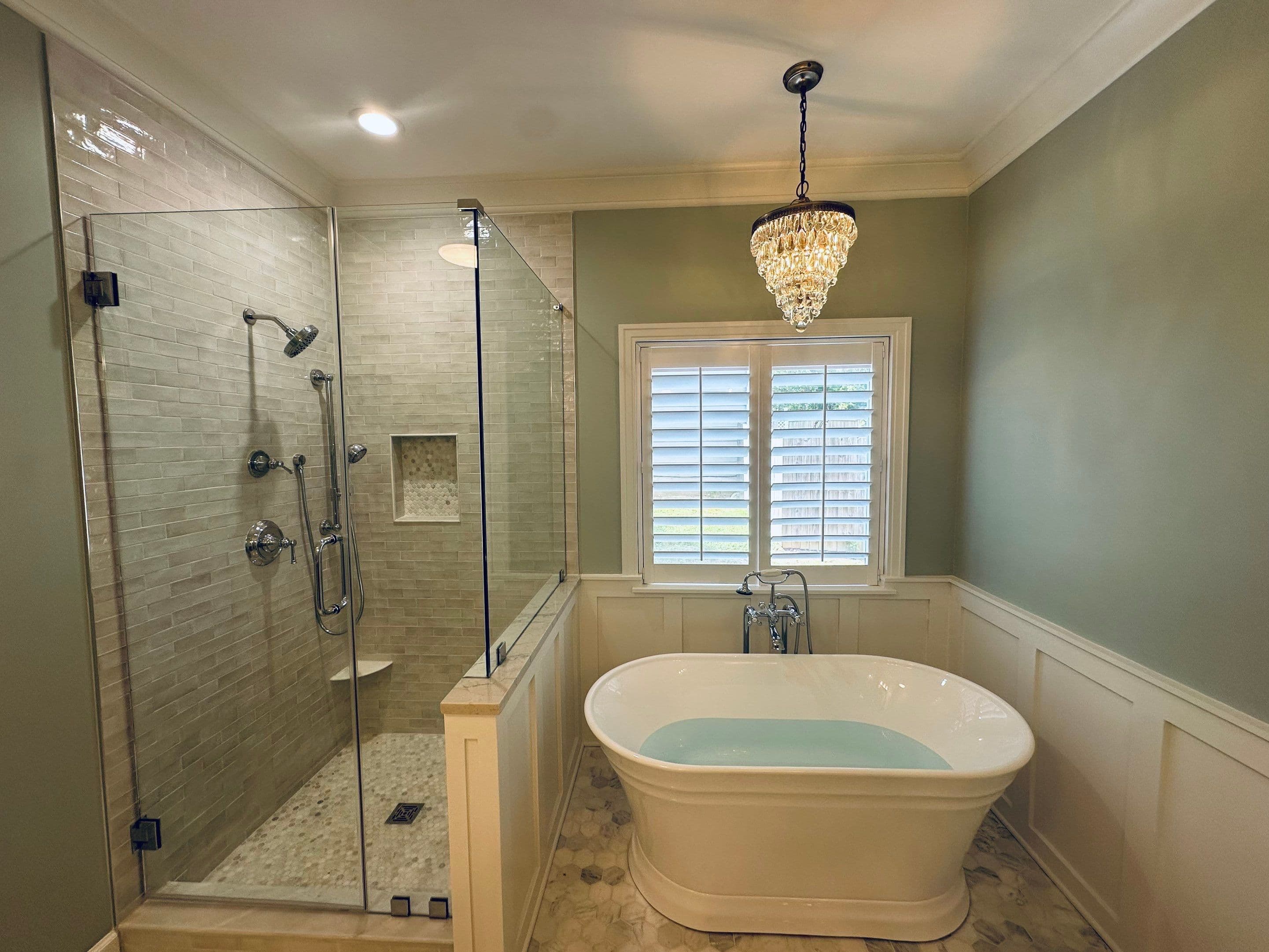 Spa-style bathroom remodel — finished result matching the design rendering