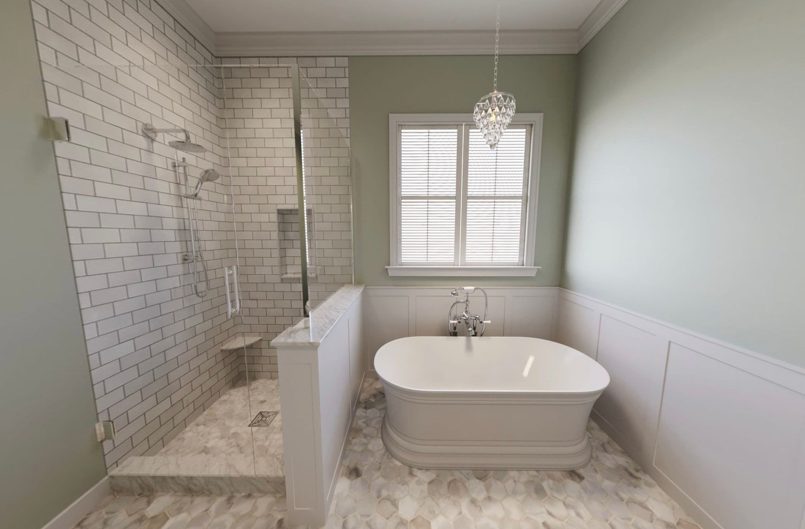 Spa-style bathroom remodel — 3D design rendering